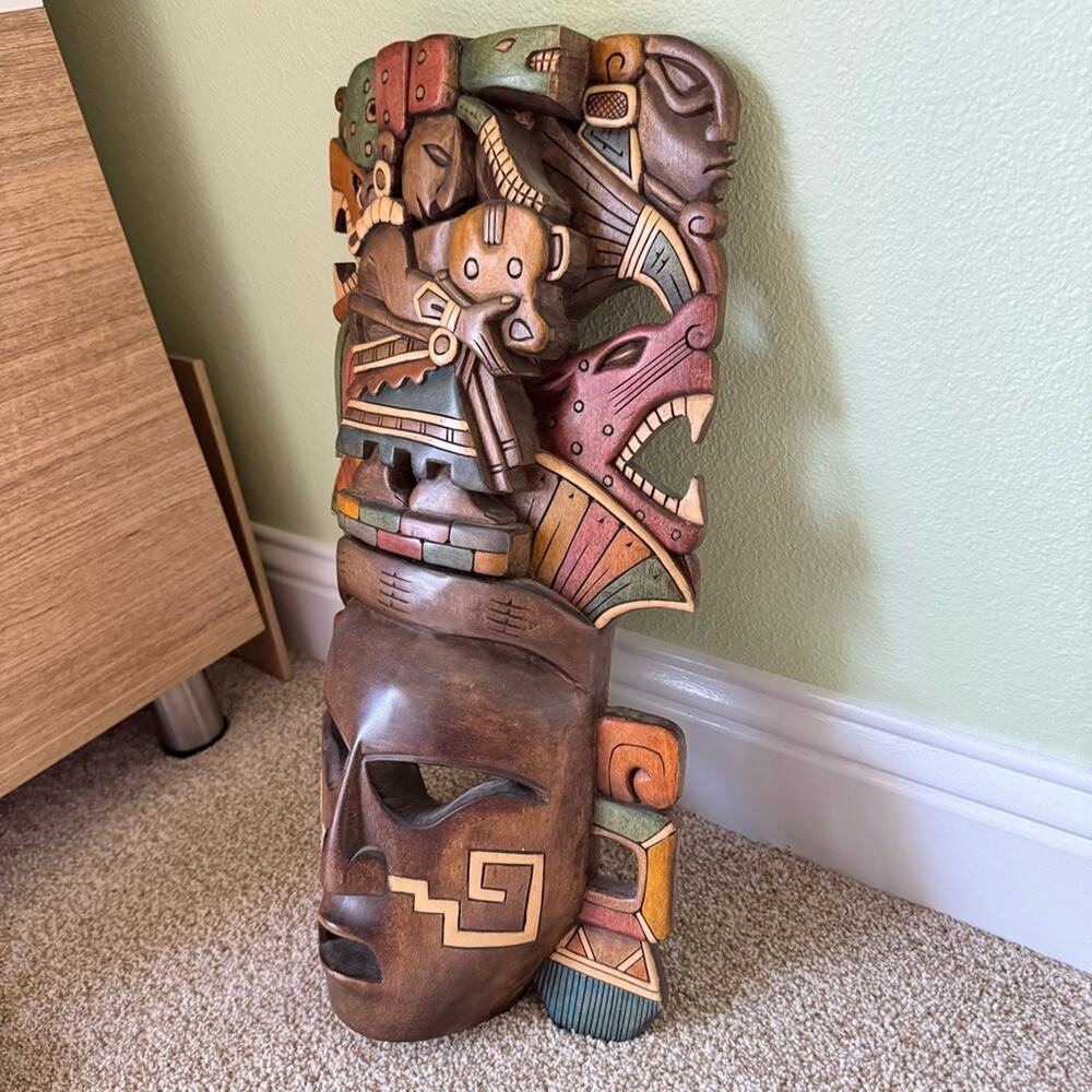 Handcrafted Wooden Mask Wall Hanging Art Ixchel Mayan Mexican Aztec Sculpture - Picture 5 of 12